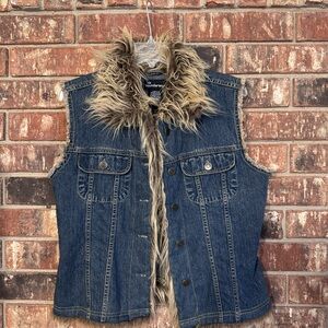 No Boundaries Blue Denim Vest with Brown Faux Fur